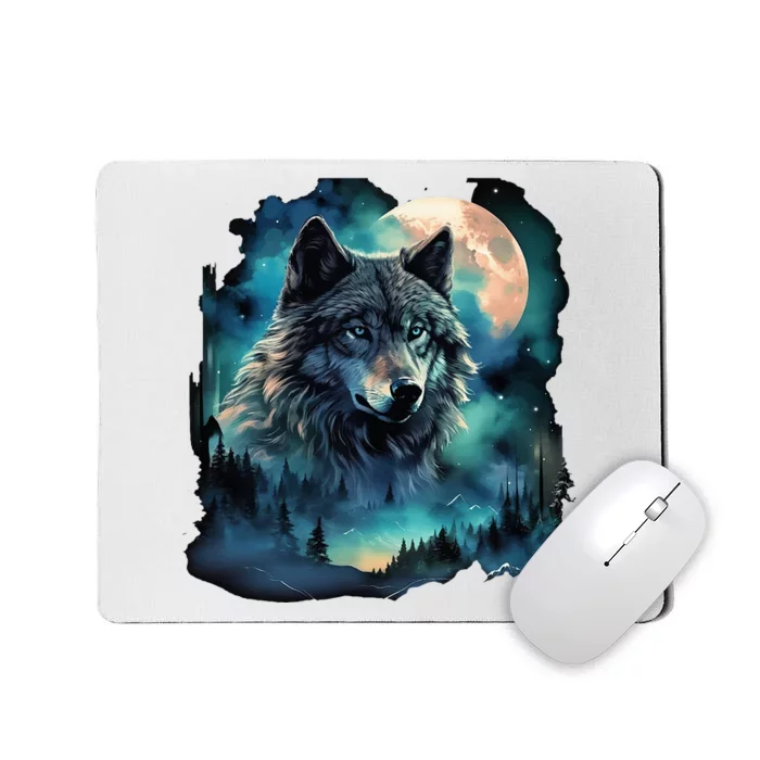 Grey Wolf Hunting Grounds Icy Moon Forest Galaxy Mousepad