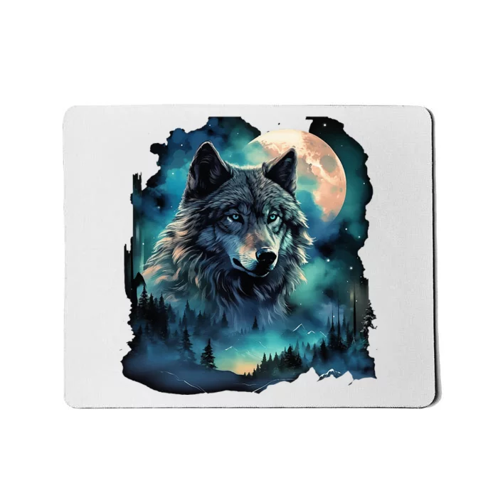 Grey Wolf Hunting Grounds Icy Moon Forest Galaxy Mousepad