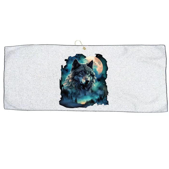 Grey Wolf Hunting Grounds Icy Moon Forest Galaxy Large Microfiber Waffle Golf Towel