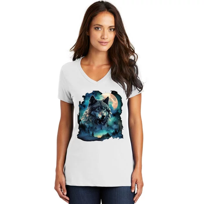 Grey Wolf Hunting Grounds Icy Moon Forest Galaxy Women's V-Neck T-Shirt