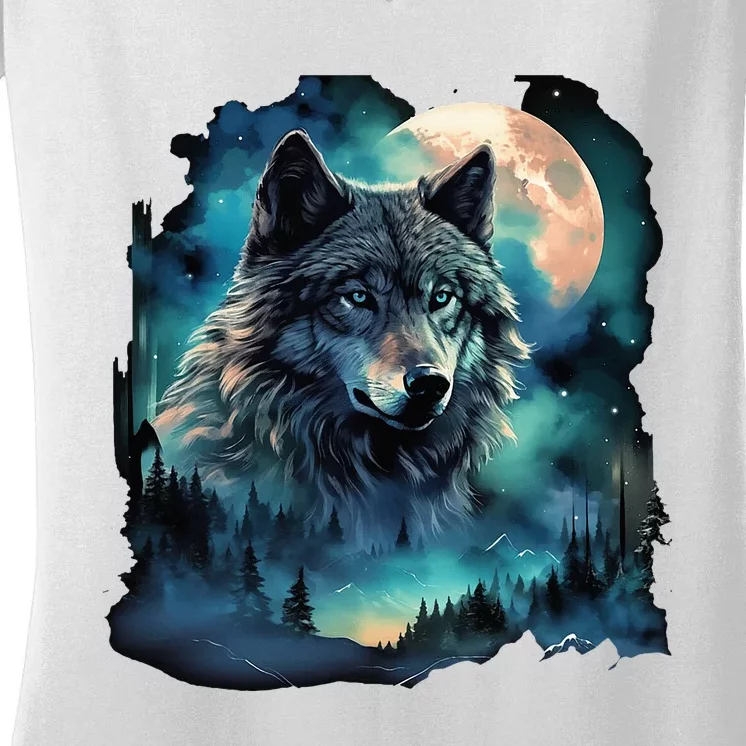 Grey Wolf Hunting Grounds Icy Moon Forest Galaxy Women's V-Neck T-Shirt