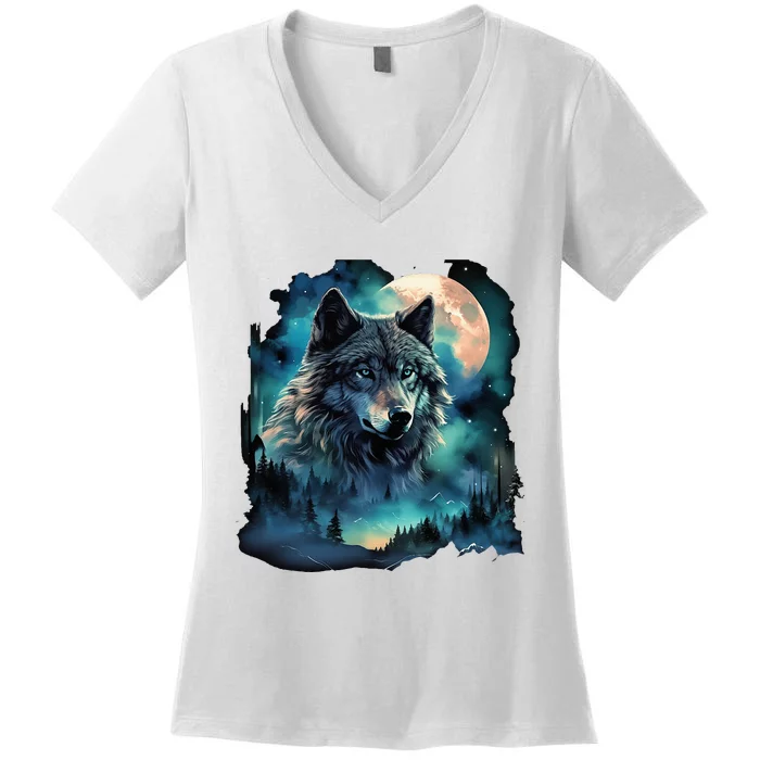 Grey Wolf Hunting Grounds Icy Moon Forest Galaxy Women's V-Neck T-Shirt