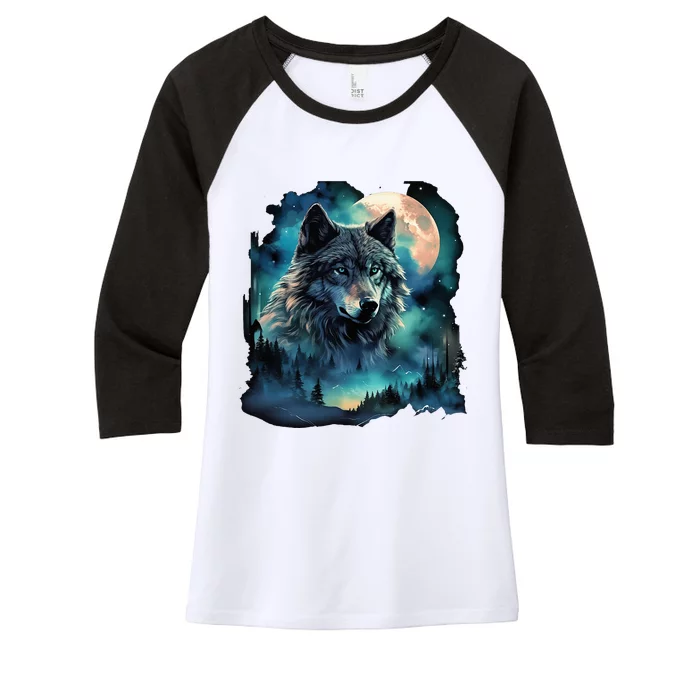 Grey Wolf Hunting Grounds Icy Moon Forest Galaxy Women's Tri-Blend 3/4-Sleeve Raglan Shirt