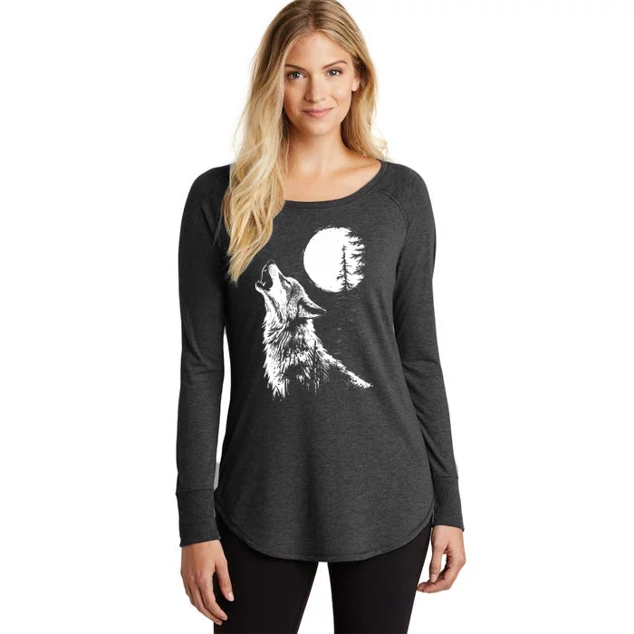 Graphic Wolf Howling Moon Forest Nature Wildlife Animal Women's Perfect Tri Tunic Long Sleeve Shirt