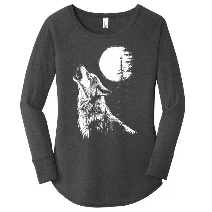 Graphic Wolf Howling Moon Forest Nature Wildlife Animal Women's Perfect Tri Tunic Long Sleeve Shirt