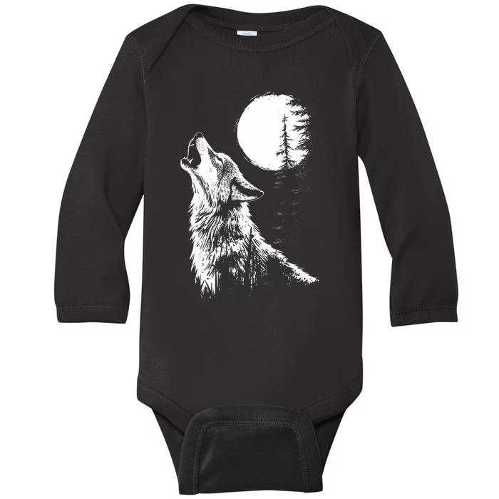 Graphic Wolf Howling Moon Forest Nature Wildlife Animal Baby Long Sleeve Bodysuit