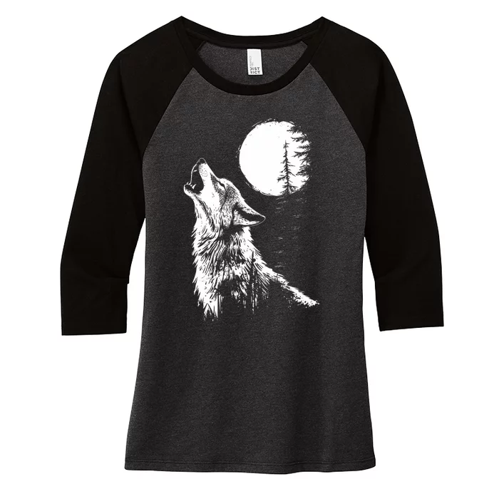 Graphic Wolf Howling Moon Forest Nature Wildlife Animal Women's Tri-Blend 3/4-Sleeve Raglan Shirt