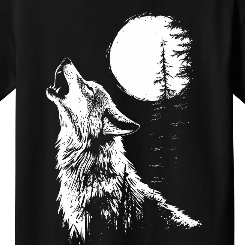 Graphic Wolf Howling Moon Forest Nature Wildlife Animal Kids T-Shirt