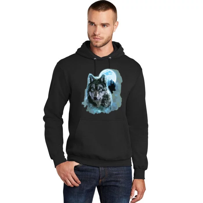 Grey Wolf Hunting Ground, Icy Moon, Forest, Galaxy Tall Hoodie