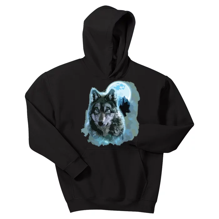 Grey Wolf Hunting Ground, Icy Moon, Forest, Galaxy Kids Hoodie