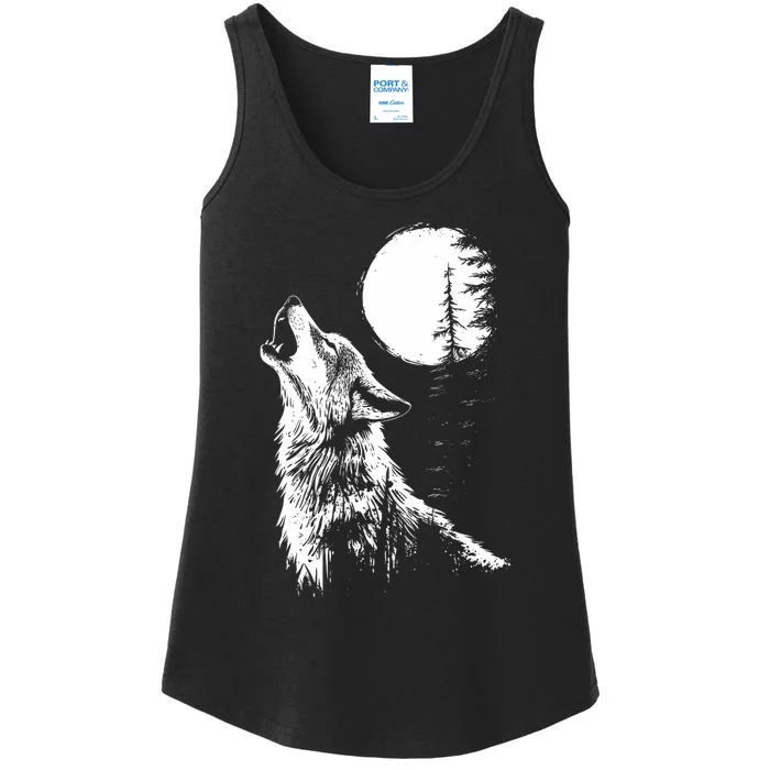 Graphic Wolf Howling Moon Forest Nature Wildlife Animal Ladies Essential Tank