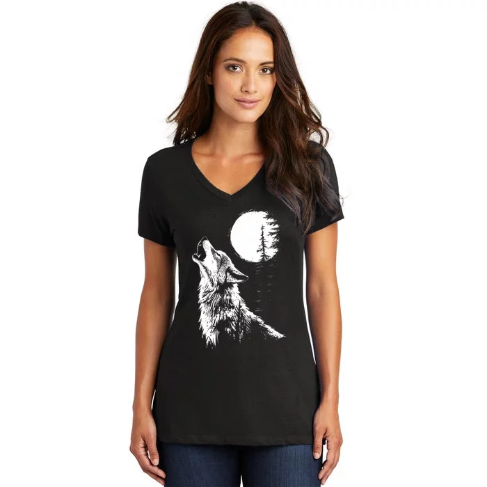 Graphic Wolf Howling Moon Forest Nature Wildlife Animal Women's V-Neck T-Shirt