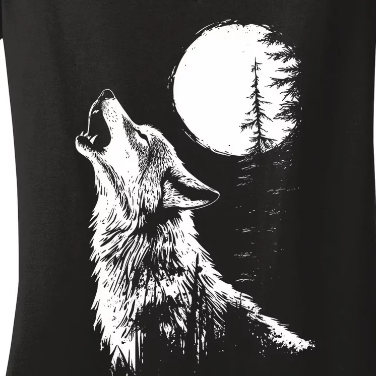 Graphic Wolf Howling Moon Forest Nature Wildlife Animal Women's V-Neck T-Shirt