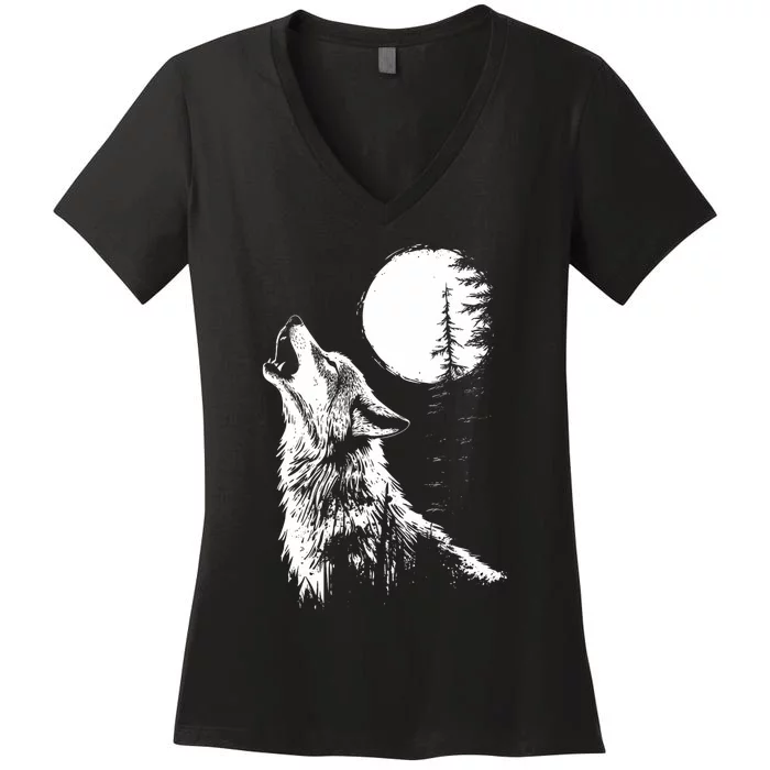 Graphic Wolf Howling Moon Forest Nature Wildlife Animal Women's V-Neck T-Shirt