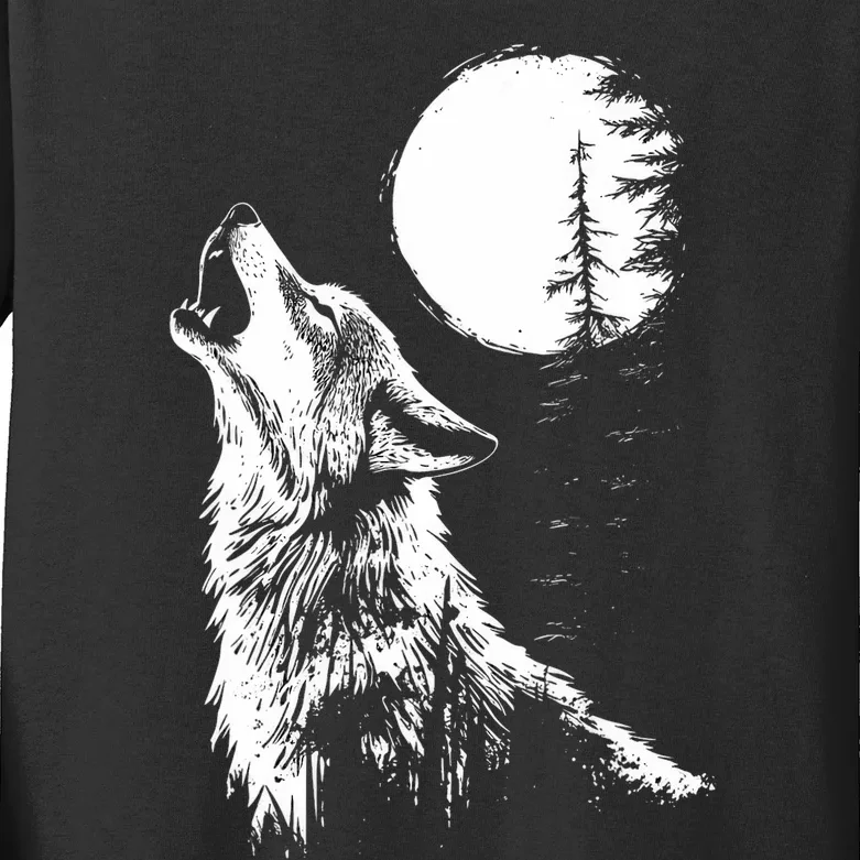 Graphic Wolf Howling Moon Forest Nature Wildlife Animal Kids Long Sleeve Shirt