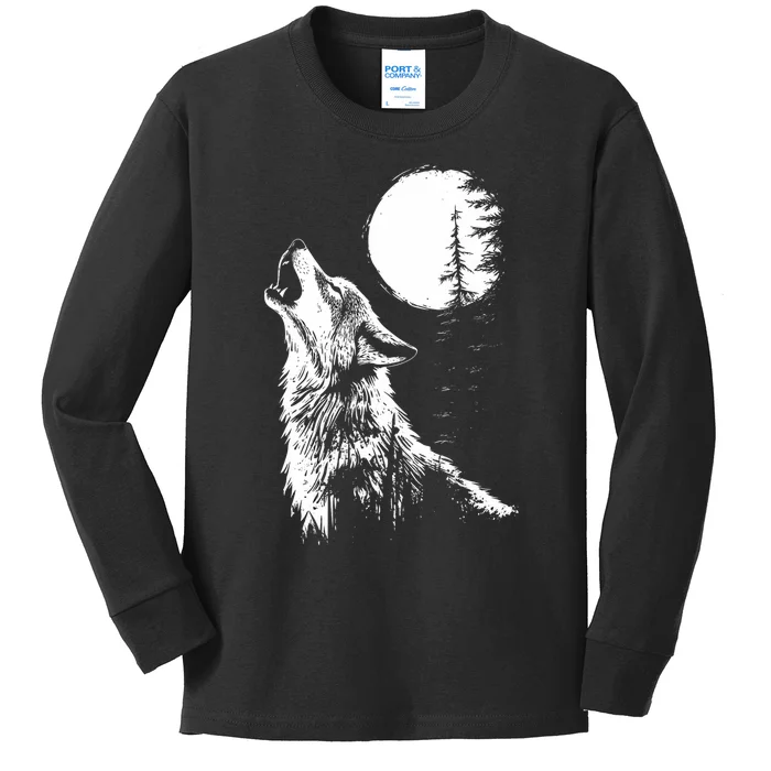 Graphic Wolf Howling Moon Forest Nature Wildlife Animal Kids Long Sleeve Shirt