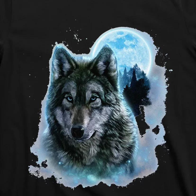 Grey Wolf Hunting Ground Icy Moon Forest Galaxy T-Shirt