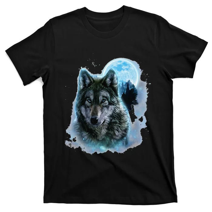 Grey Wolf Hunting Ground Icy Moon Forest Galaxy T-Shirt