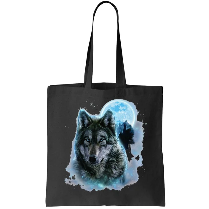 Grey Wolf Hunting Ground Icy Moon Forest Galaxy Tote Bag