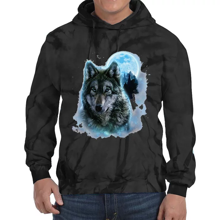 Grey Wolf Hunting Ground Icy Moon Forest Galaxy Tie Dye Hoodie