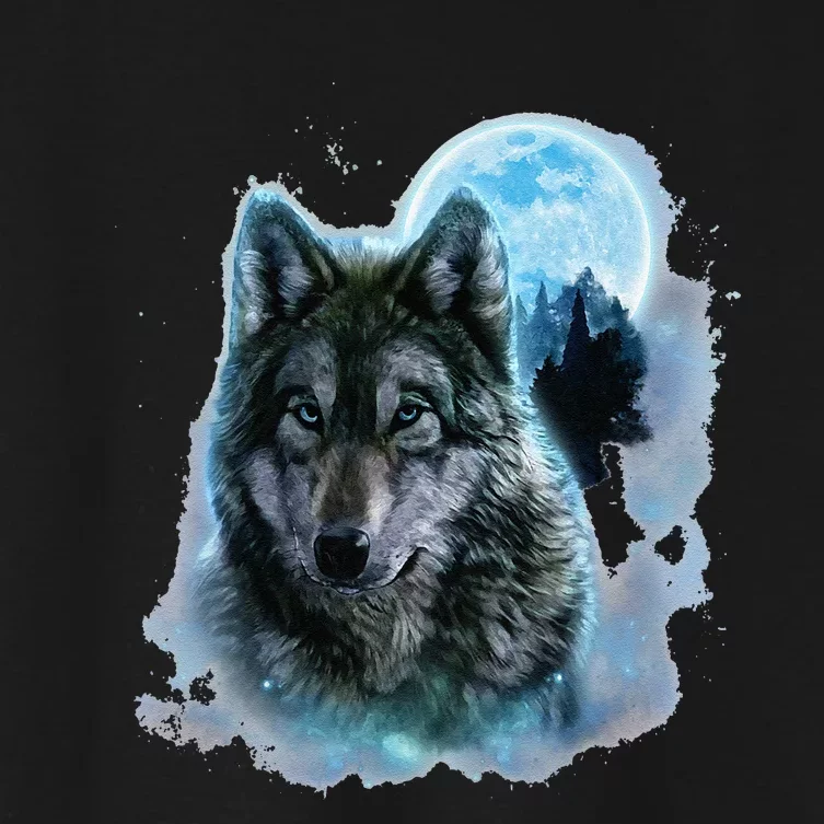 Grey Wolf Hunting Ground Icy Moon Forest Galaxy Women's Crop Top Tee