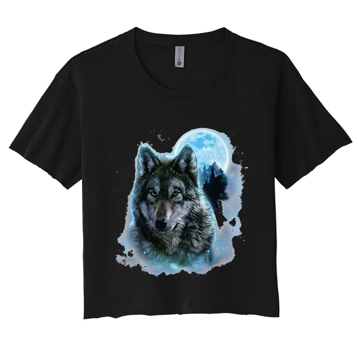 Grey Wolf Hunting Ground Icy Moon Forest Galaxy Women's Crop Top Tee