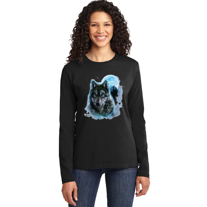 Grey Wolf Hunting Ground Icy Moon Forest Galaxy Ladies Long Sleeve Shirt