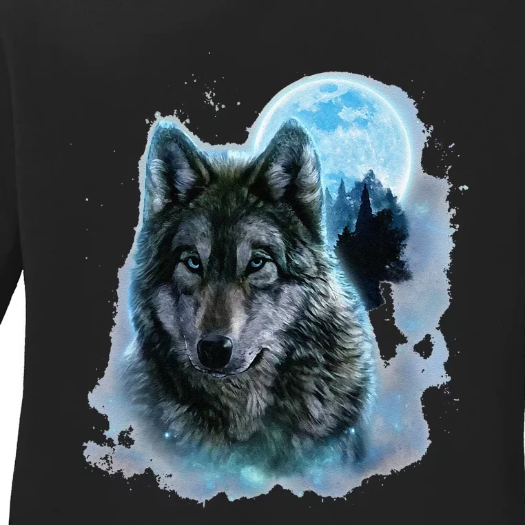 Grey Wolf Hunting Ground Icy Moon Forest Galaxy Ladies Long Sleeve Shirt