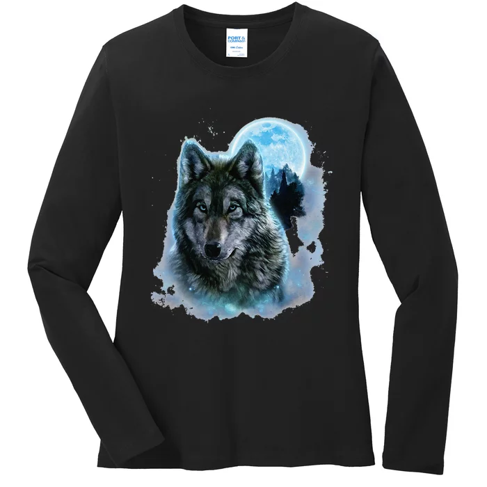 Grey Wolf Hunting Ground Icy Moon Forest Galaxy Ladies Long Sleeve Shirt