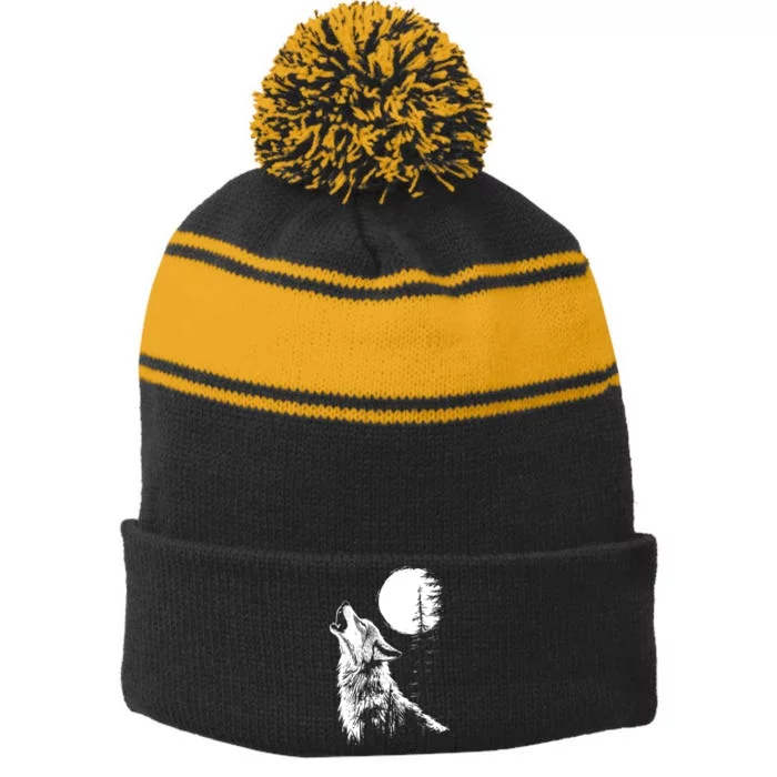 Graphic Wolf Howling Moon Forest Nature Wildlife Animal Stripe Pom Pom Beanie