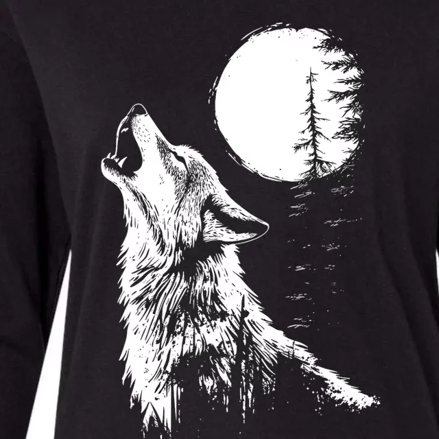 Graphic Wolf Howling Moon Forest Nature Wildlife Animal Womens Cotton Relaxed Long Sleeve T-Shirt