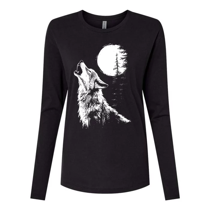 Graphic Wolf Howling Moon Forest Nature Wildlife Animal Womens Cotton Relaxed Long Sleeve T-Shirt