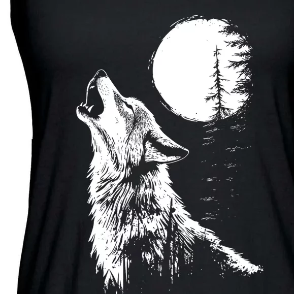 Graphic Wolf Howling Moon Forest Nature Wildlife Animal Ladies Essential Flowy Tank