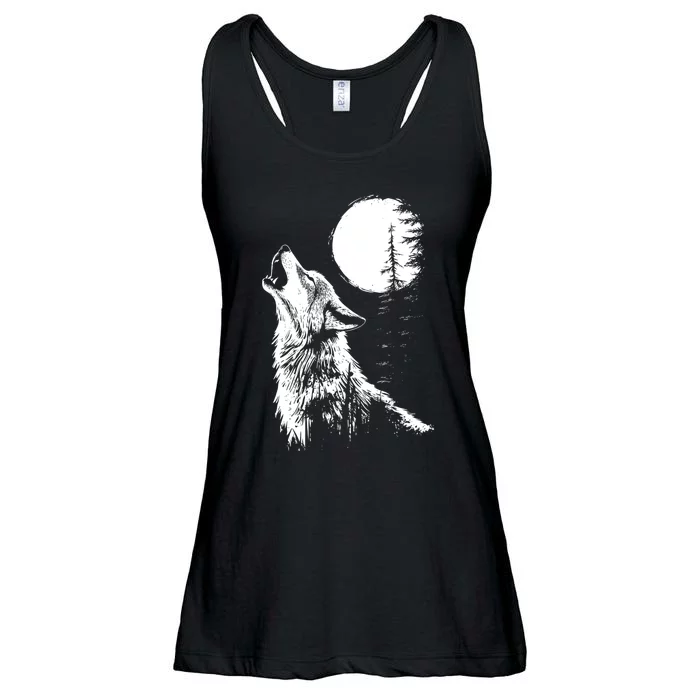 Graphic Wolf Howling Moon Forest Nature Wildlife Animal Ladies Essential Flowy Tank