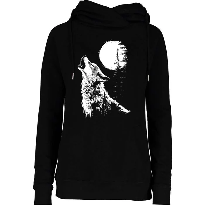 Graphic Wolf Howling Moon Forest Nature Wildlife Animal Womens Funnel Neck Pullover Hood