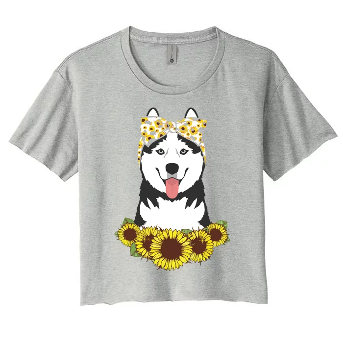 Girl Women Mom Siberian Husky Dog Sunflower Puppy Lover Women's Crop Top Tee