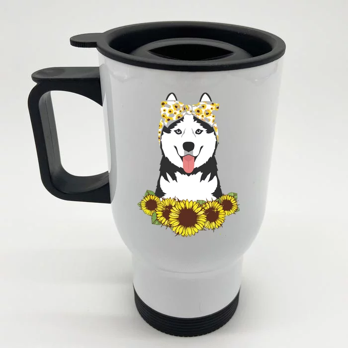 Girl Women Mom Siberian Husky Dog Sunflower Puppy Lover Front & Back Stainless Steel Travel Mug