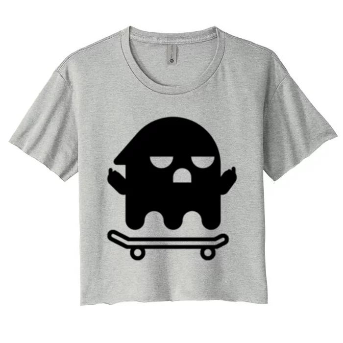 Ghost With Middle Fingers On Skateboard Lazy Funny Halloween Cool Gift Women's Crop Top Tee