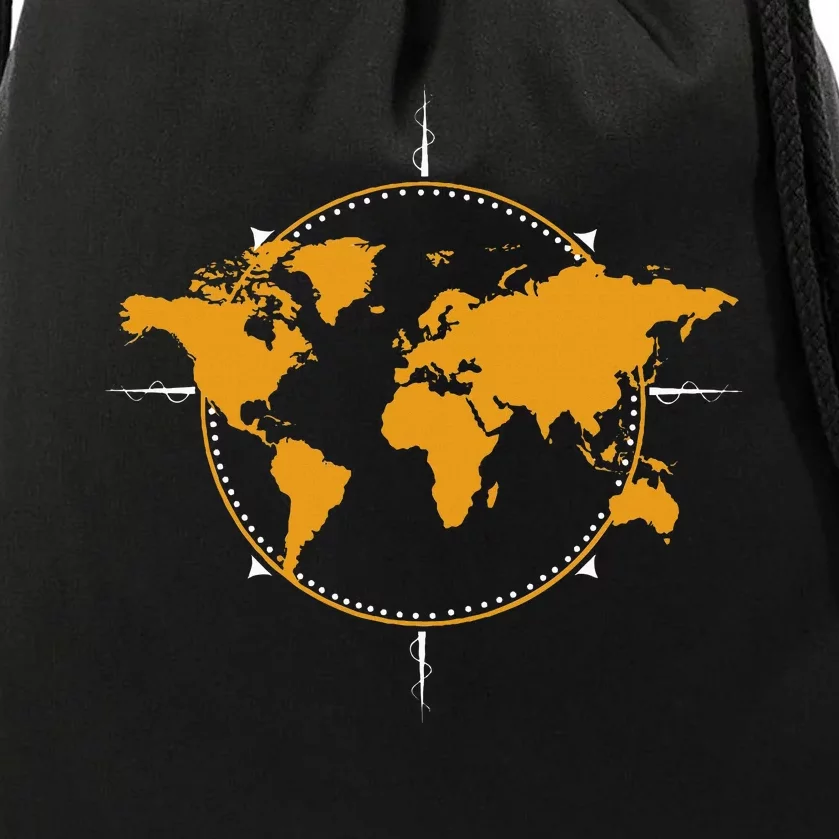 Geographic World Map & Compass Graphic Travel Drawstring Bag