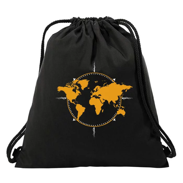 Geographic World Map & Compass Graphic Travel Drawstring Bag