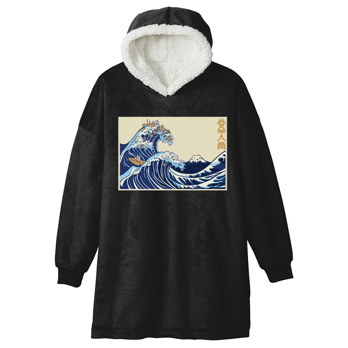 Great Wave Off Kanagawa With Cats Aesthetic Kanji Hooded Wearable Blanket