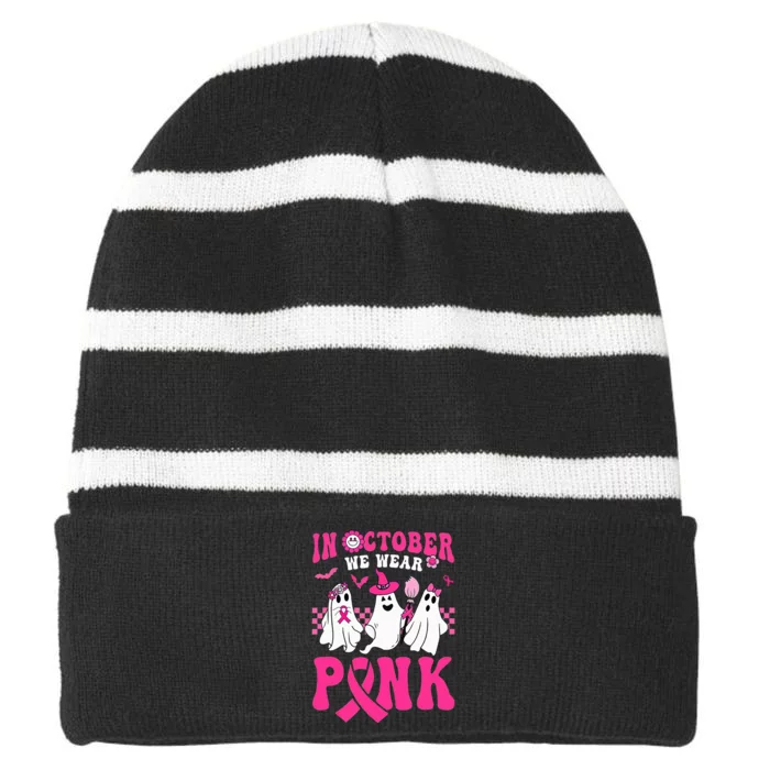 Groovy Wear Pink Breast Cancer Warrior Ghost Halloween Striped Beanie with Solid Band