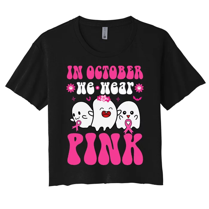 Groovy Wear Pink Breast Cancer Warrior Ghost Halloween Women's Crop Top Tee