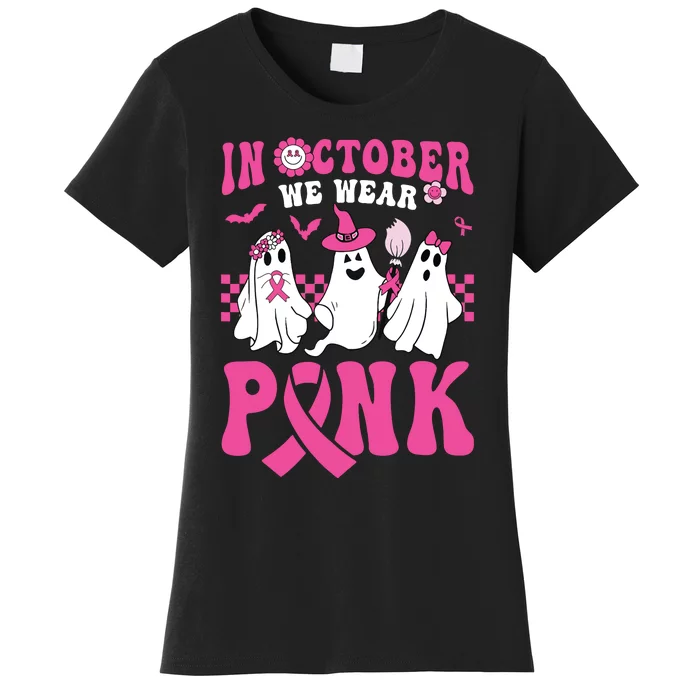 Groovy Wear Pink Breast Cancer Warrior Ghost Halloween Women's T-Shirt