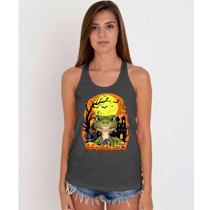 Gecko With Pumpkins Funny Scary Halloween Party Women's Knotted Racerback Tank