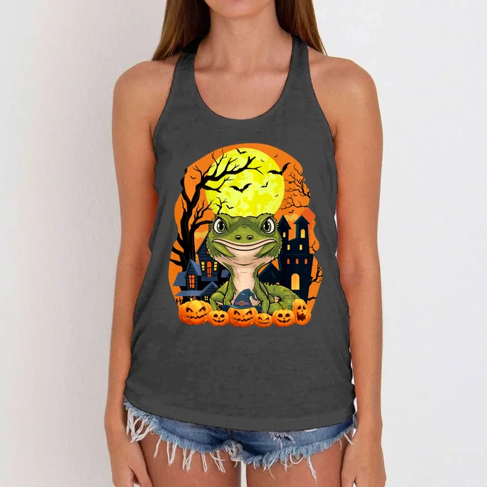 Gecko With Pumpkins Funny Scary Halloween Party Women's Knotted Racerback Tank