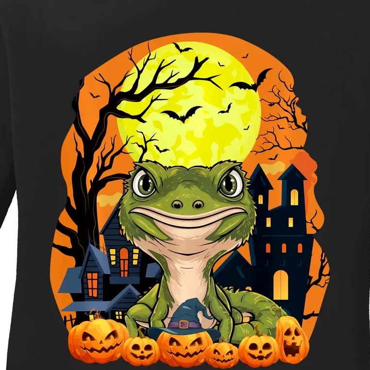 Gecko With Pumpkins Funny Scary Halloween Party Ladies Long Sleeve Shirt