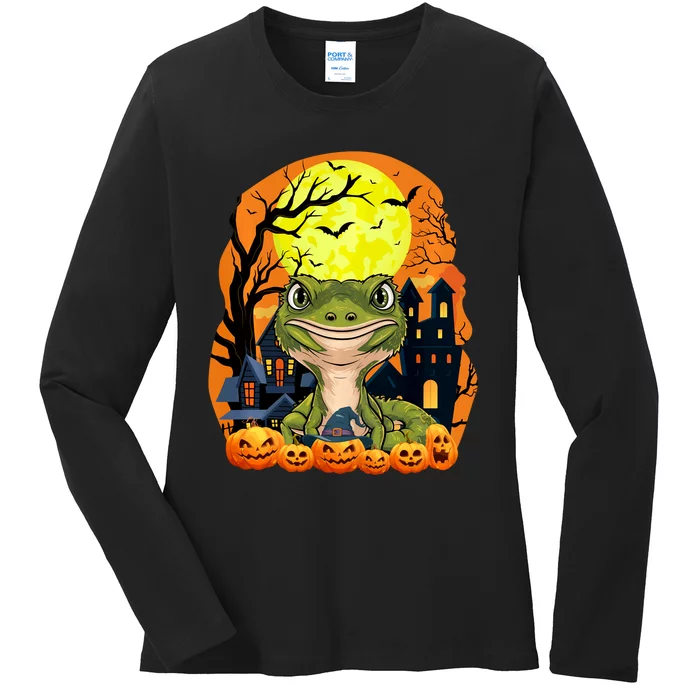 Gecko With Pumpkins Funny Scary Halloween Party Ladies Long Sleeve Shirt