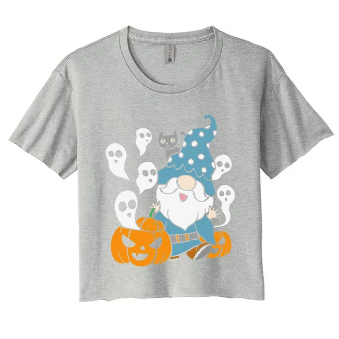 Gnome With Pumpkins Ghosts And Cat Funny Halloween Costume Women's Crop Top Tee