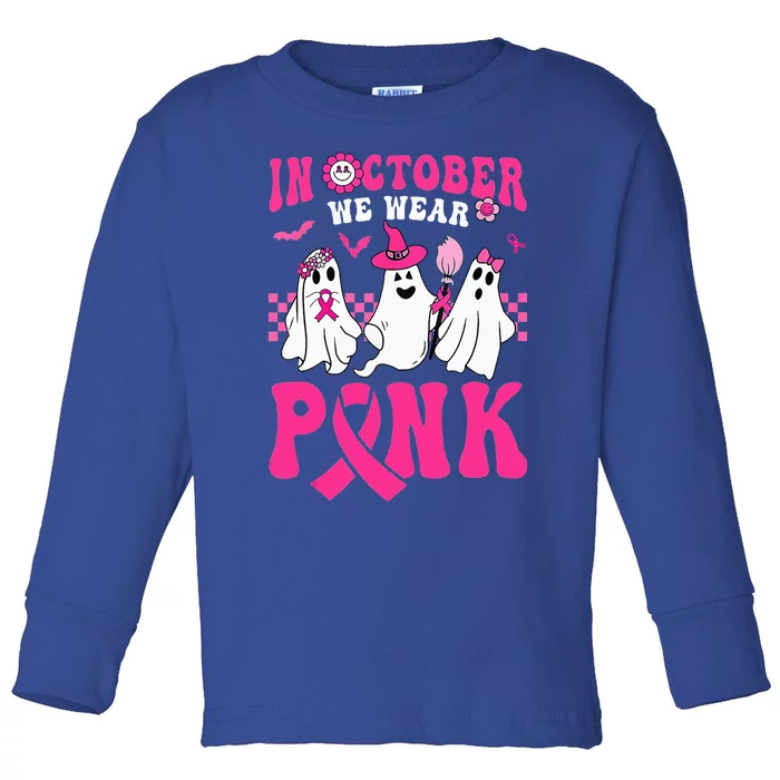 Groovy Wear Pink Breast Cancer Warrior Ghost Halloween Toddler Long Sleeve Shirt